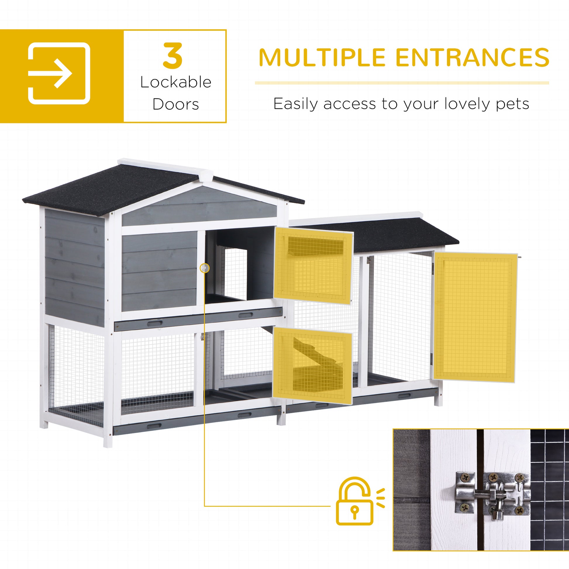 Gray and white wooden pet hutch with multiple lockable doors for easy access