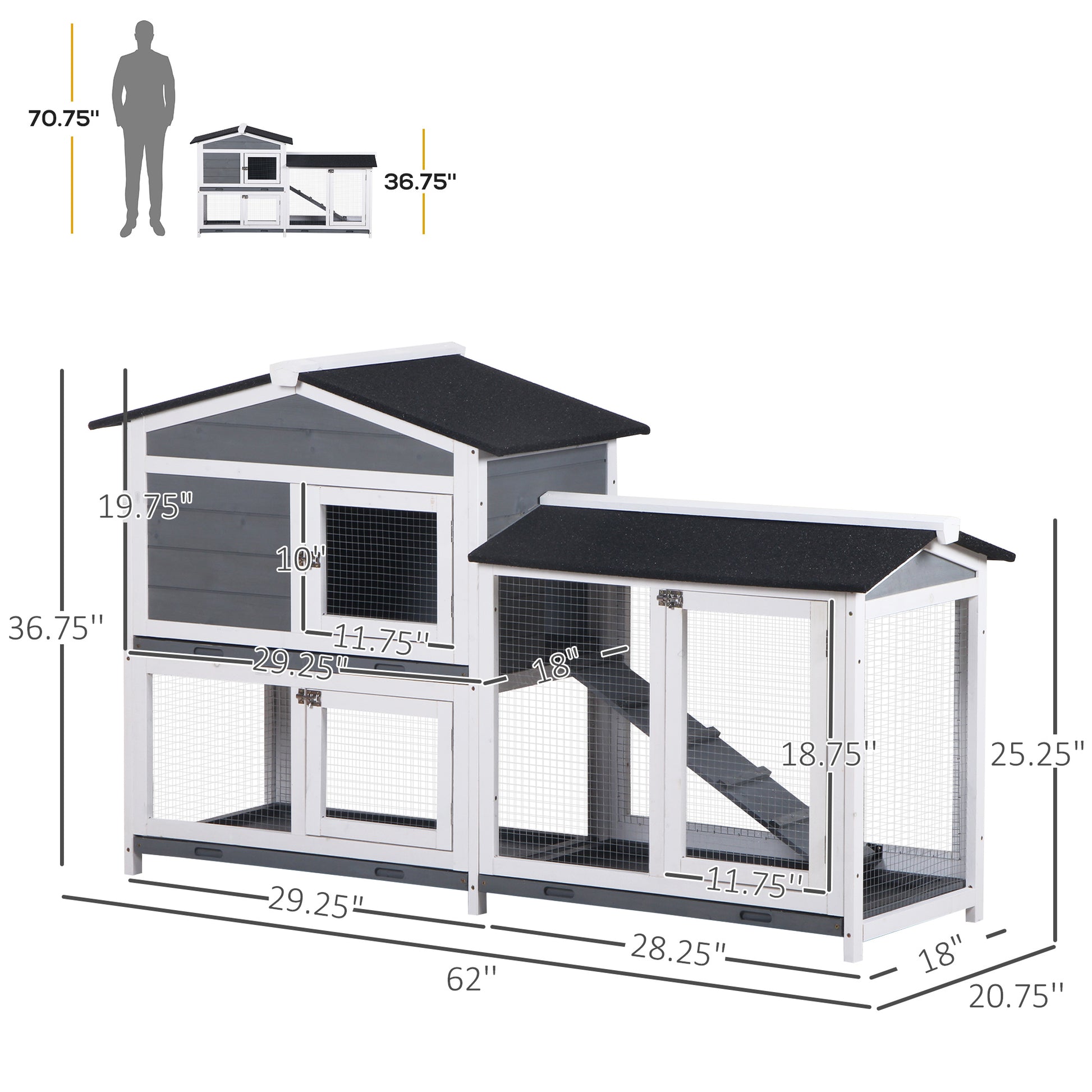 Twotier grey and white wooden rabbit hutch with pitched roof and wire mesh doors
