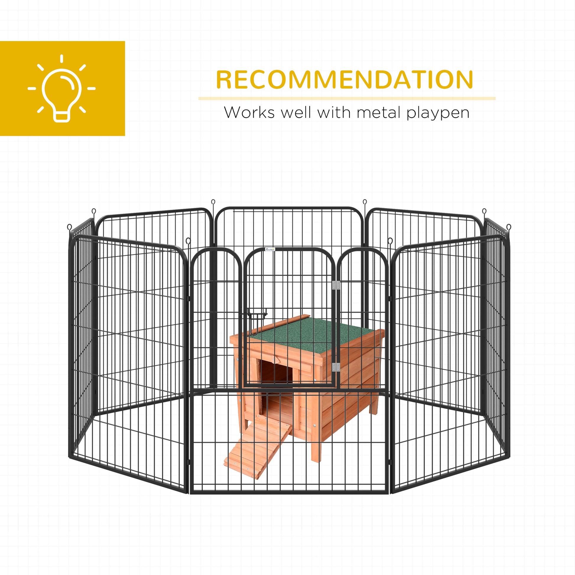 Octagonal wire dog playpen with a wooden hutch and ramp ideal for small pets