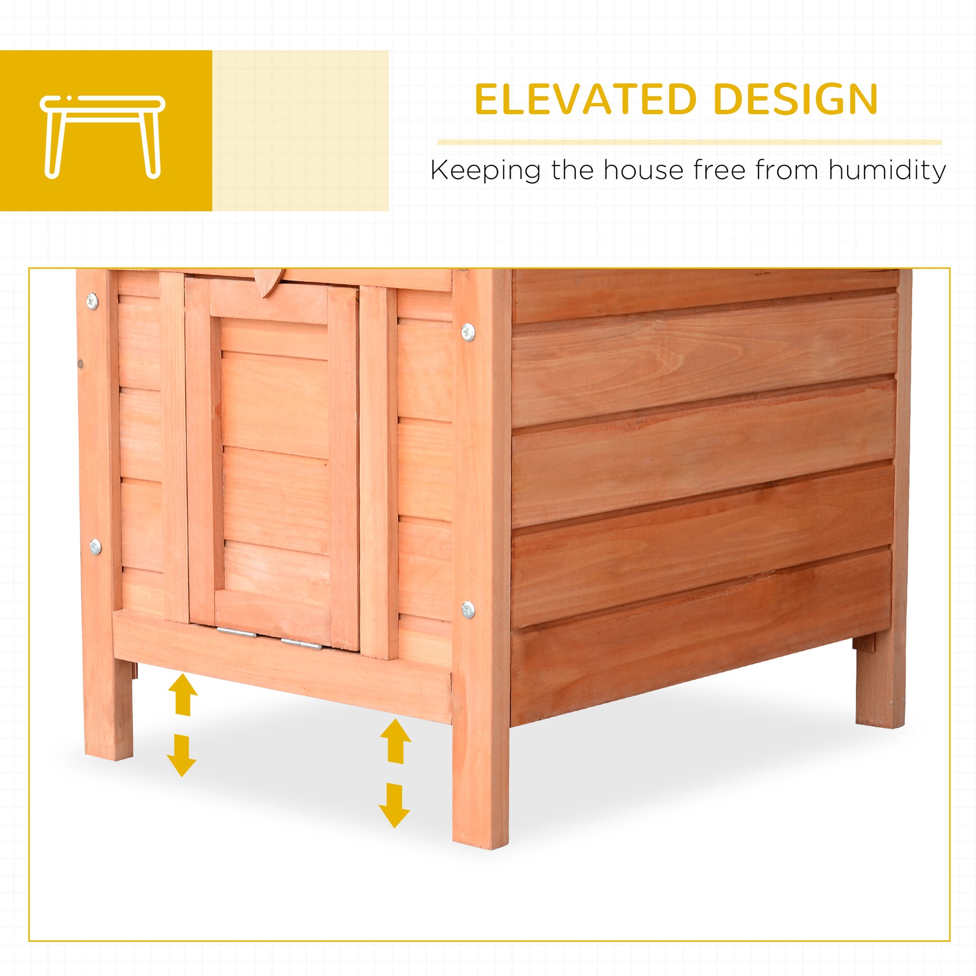 Wooden dog house with elevated legs for humidity protection