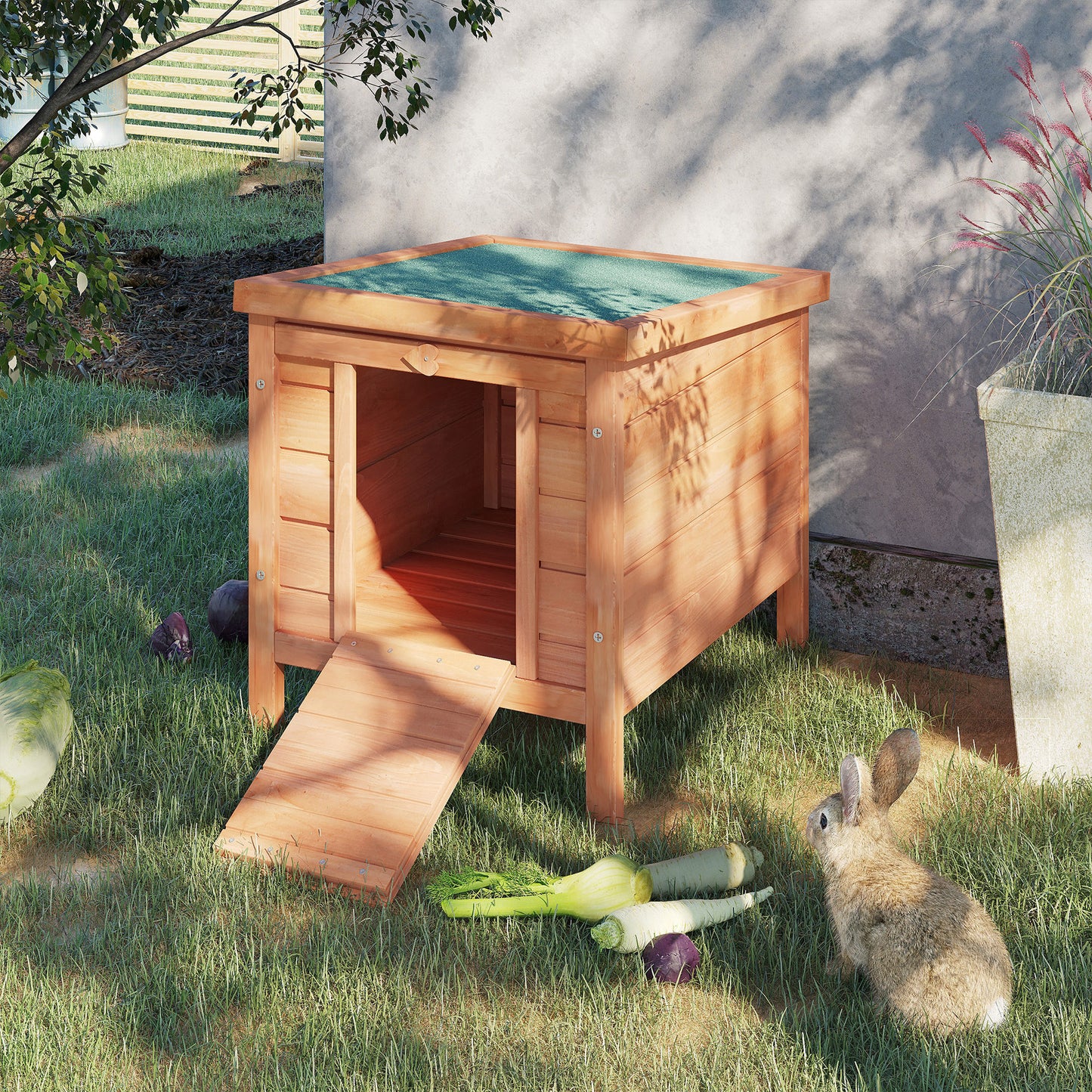 Wooden rabbit hutch with ramp and green roof ideal for outdoor pets