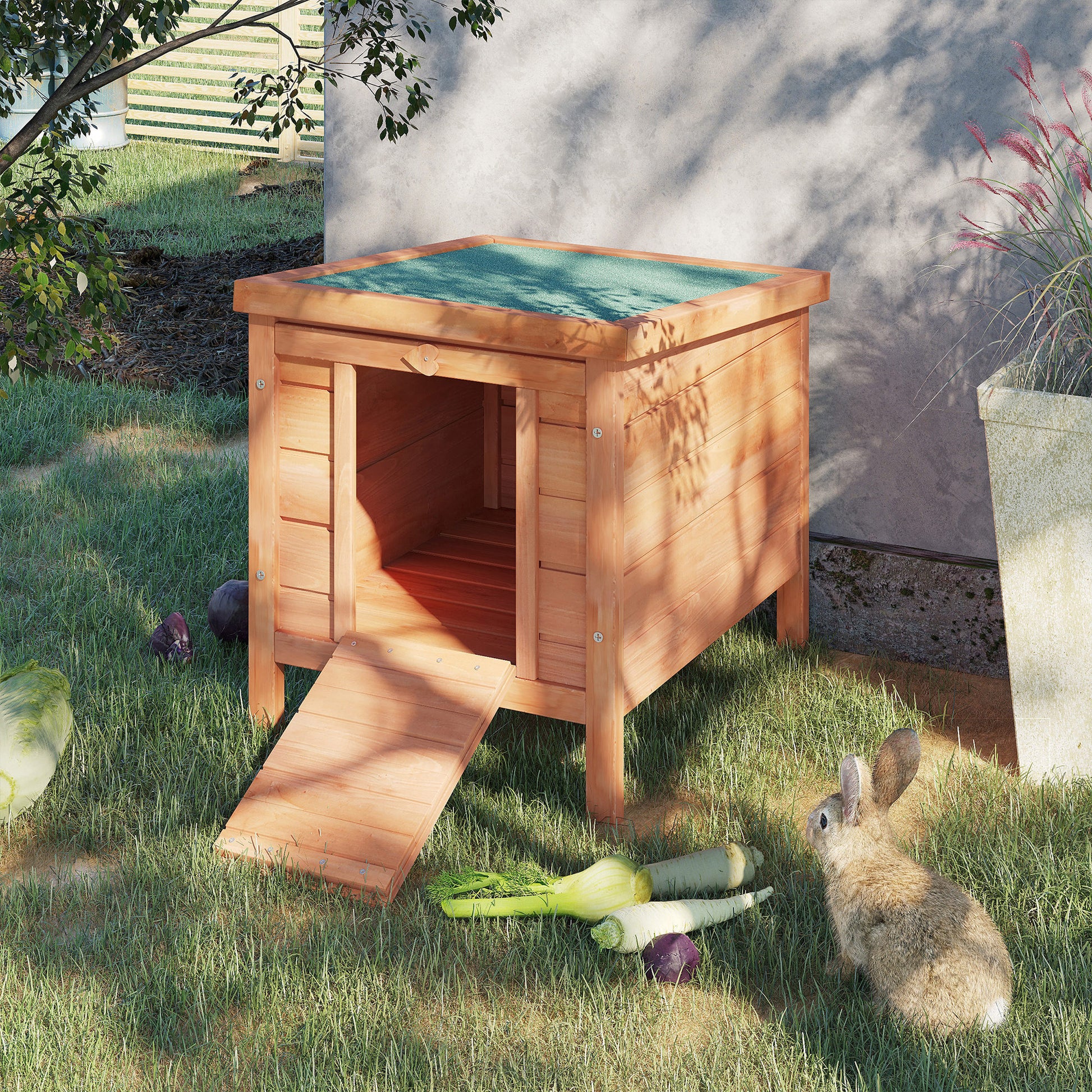 Wooden rabbit hutch with ramp and green roof ideal for outdoor pets