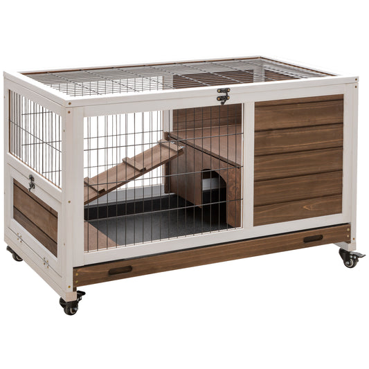 White and brown wooden rabbit hutch with ramp and nesting box on wheels