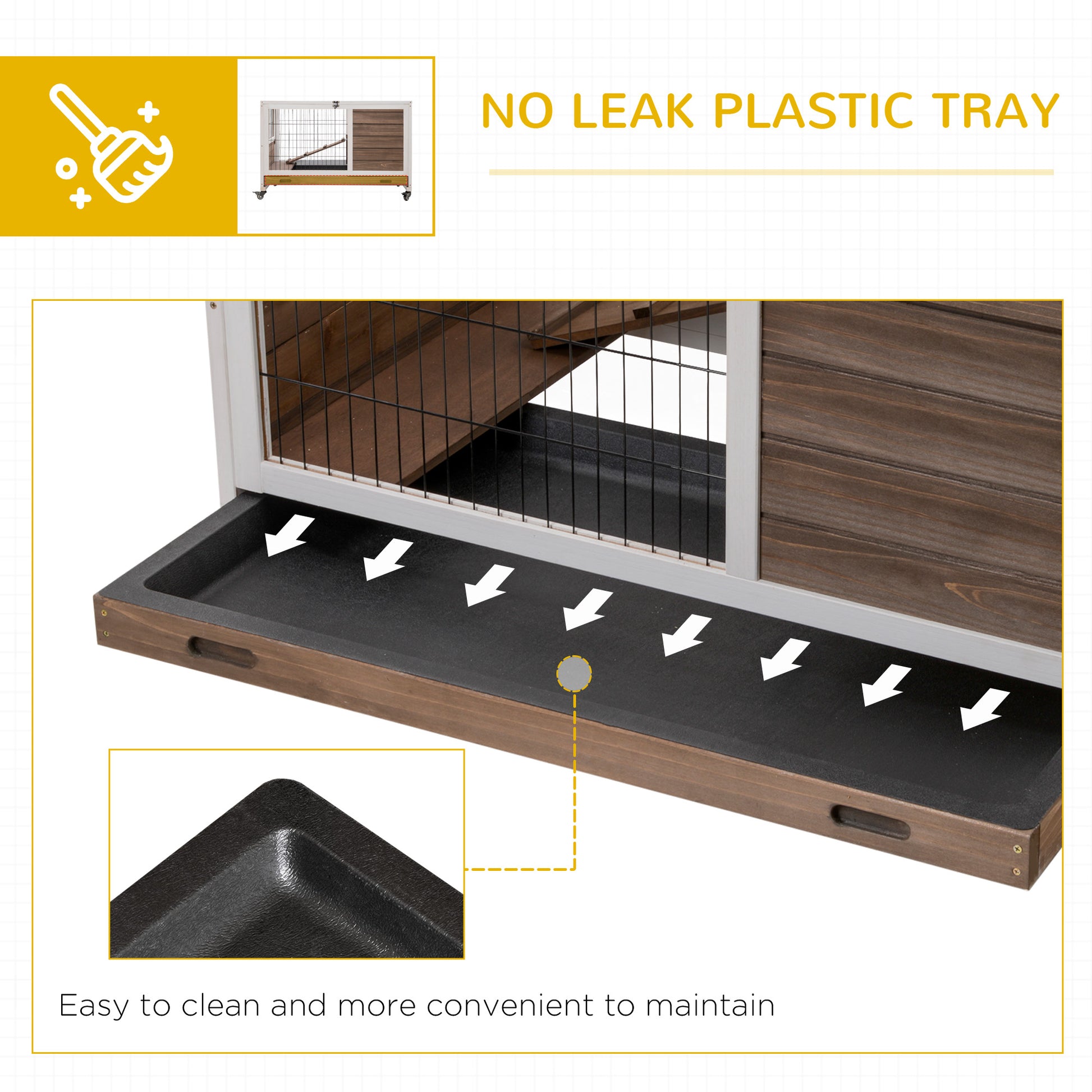 Durable brown wooden pet cage with a black noleak plastic tray for easy cleaning