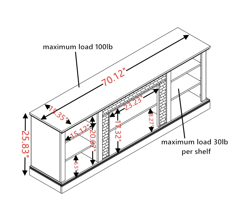 Line drawing of a fireplace TV stand  wide  high with shelving