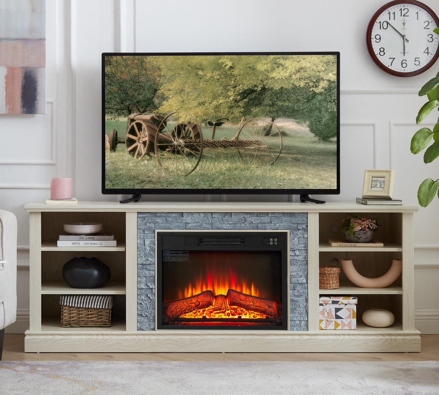Modern electric fireplace with realistic flame effect and grey stone surround  inch