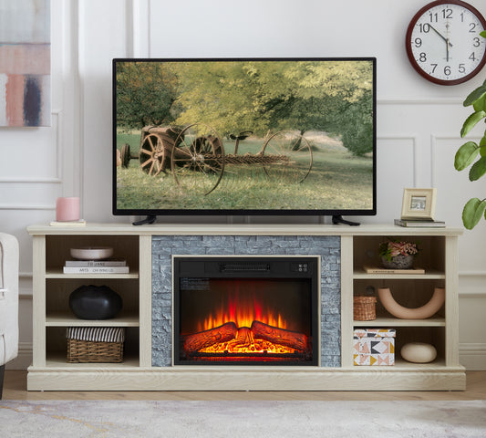 Modern electric fireplace with realistic flame effect and grey stone surround  inch