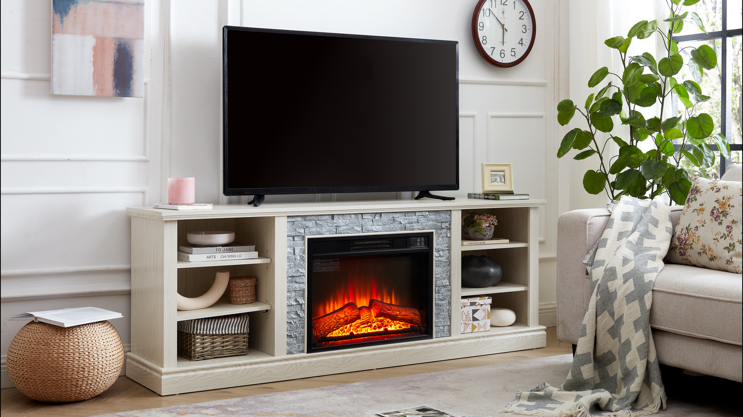 Light oak electric fireplace TV stand with stone surround and realistic flame effect