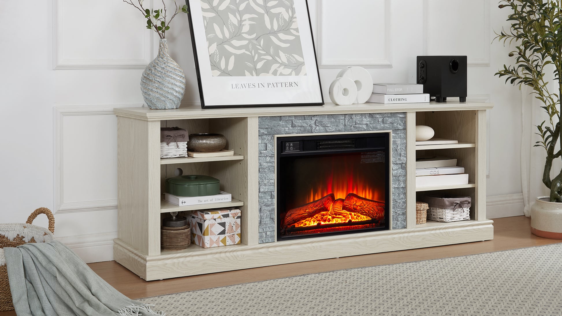 Light oak electric fireplace media console with stone surround and realistic flame effect