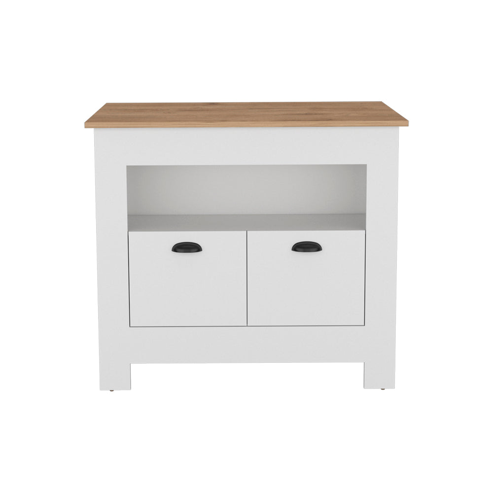White twodrawer cabinet with oak top