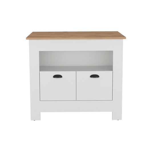 White twodrawer cabinet with oak top