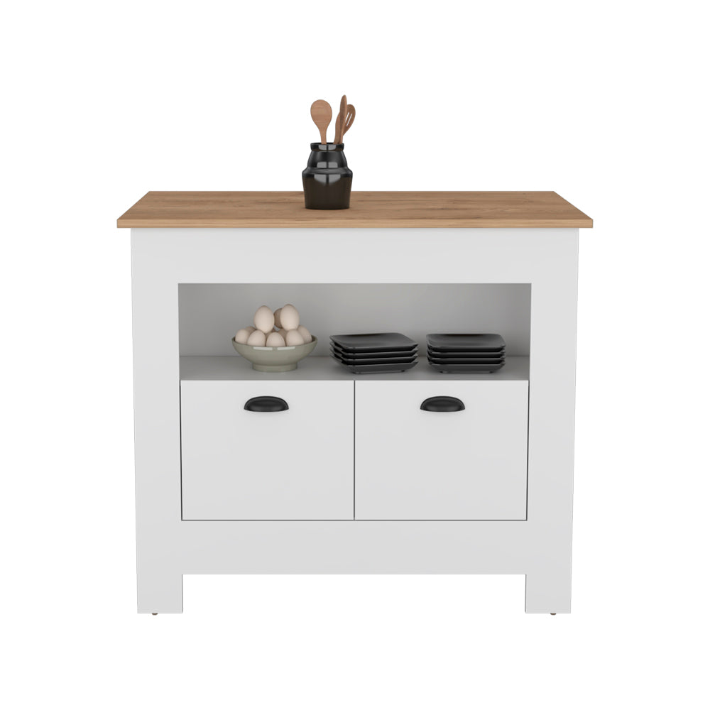 White kitchen island with wooden countertop two drawers and open shelving holding eggs and plates