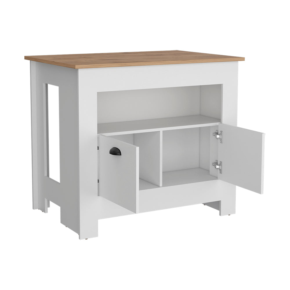 White and oak kitchen island cabinet with open doors