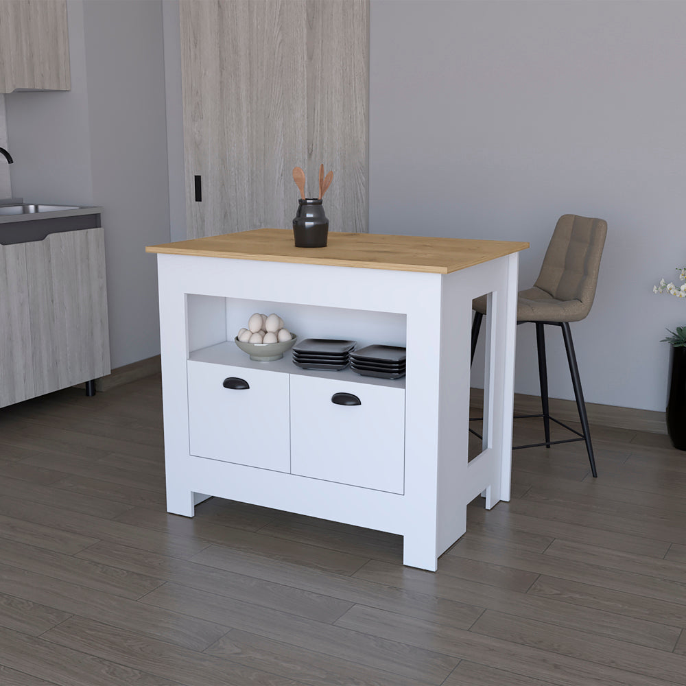 White kitchen island with oak countertop and two drawers featuring a bowl of eggs and stacked plates