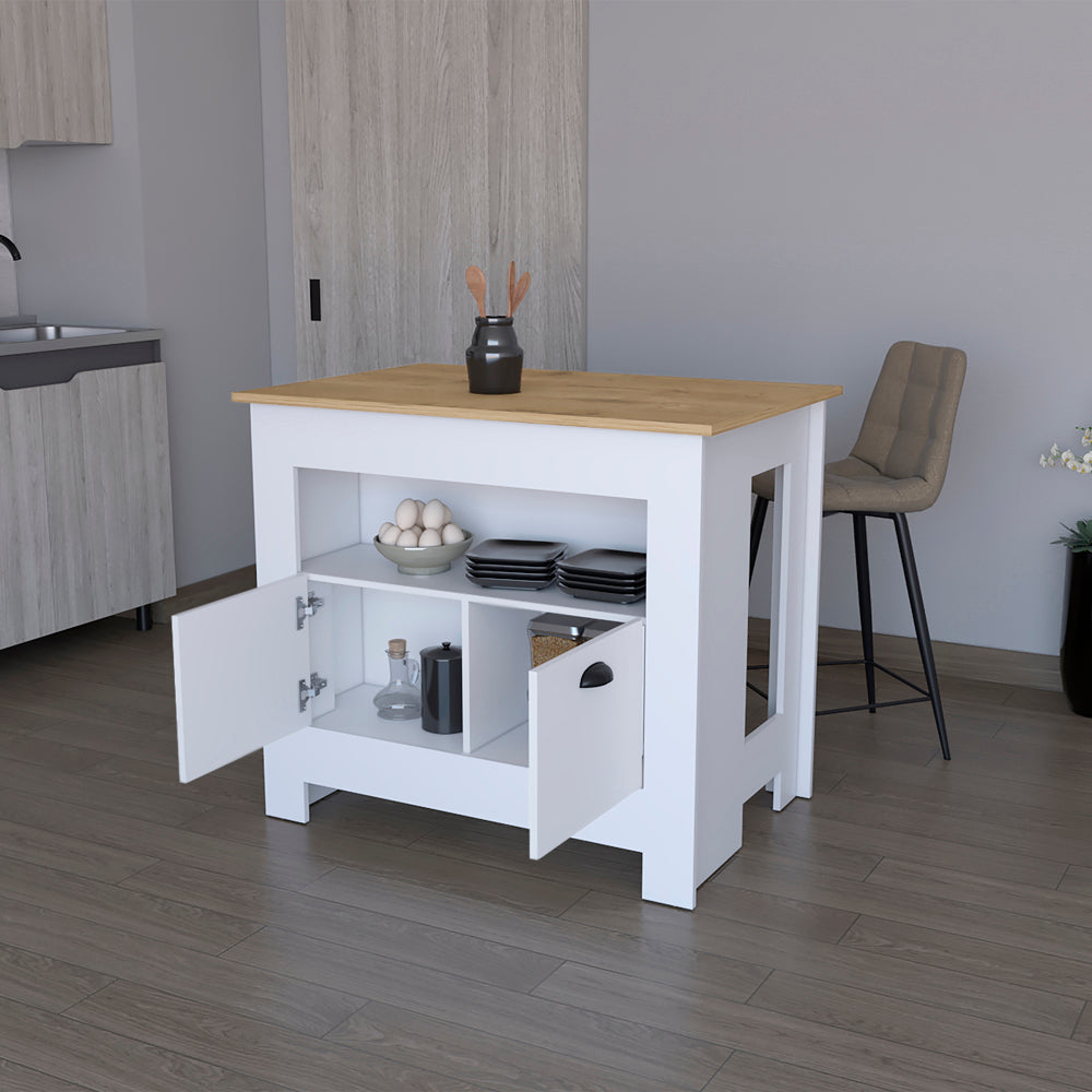White kitchen island with oak top and open cabinet