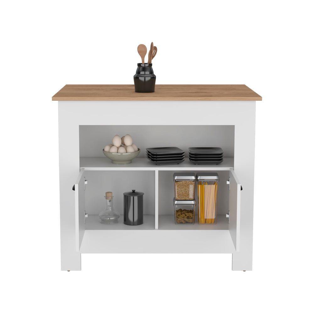White kitchen island with oak top featuring open shelving and storage compartments