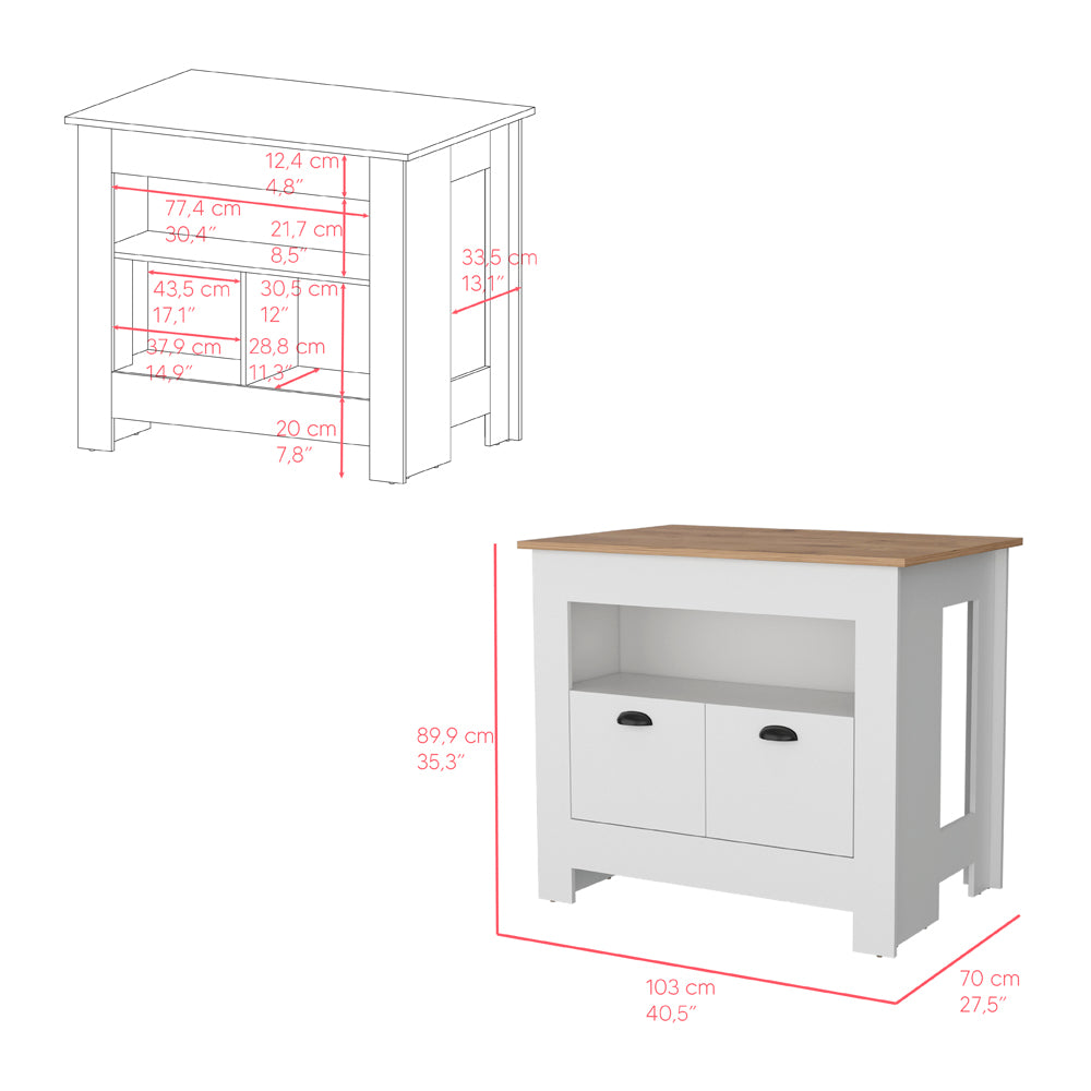 White kitchen island with oakeffect top and two drawers
