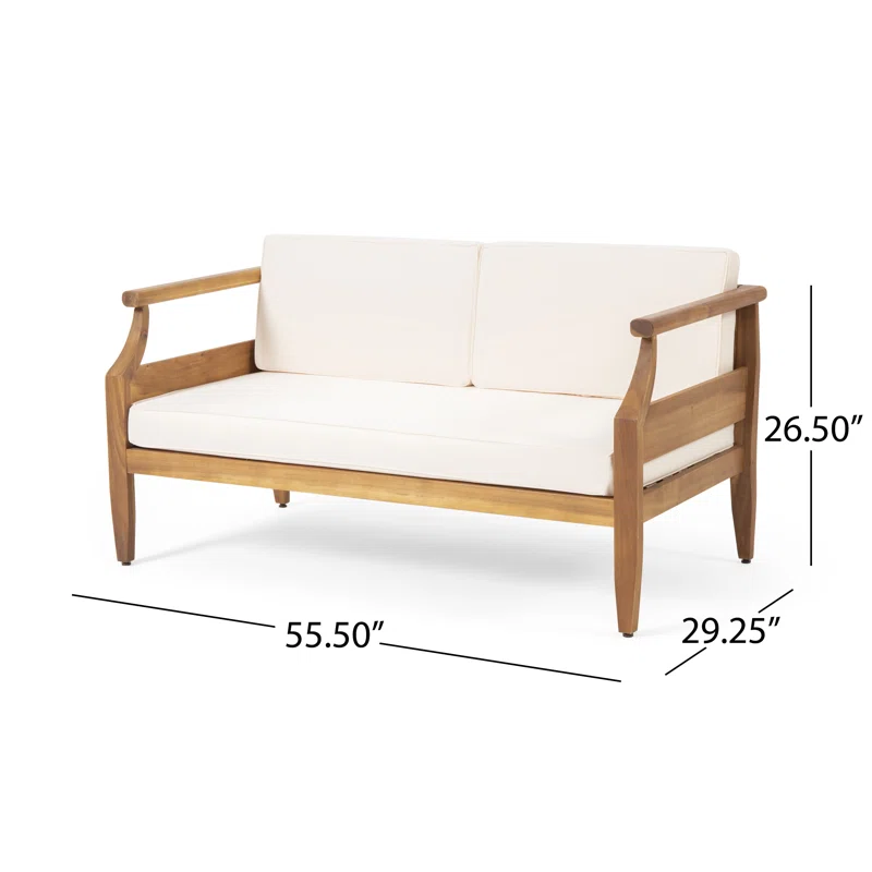 Acacia wood loveseat with cream cushions for outdoor seating