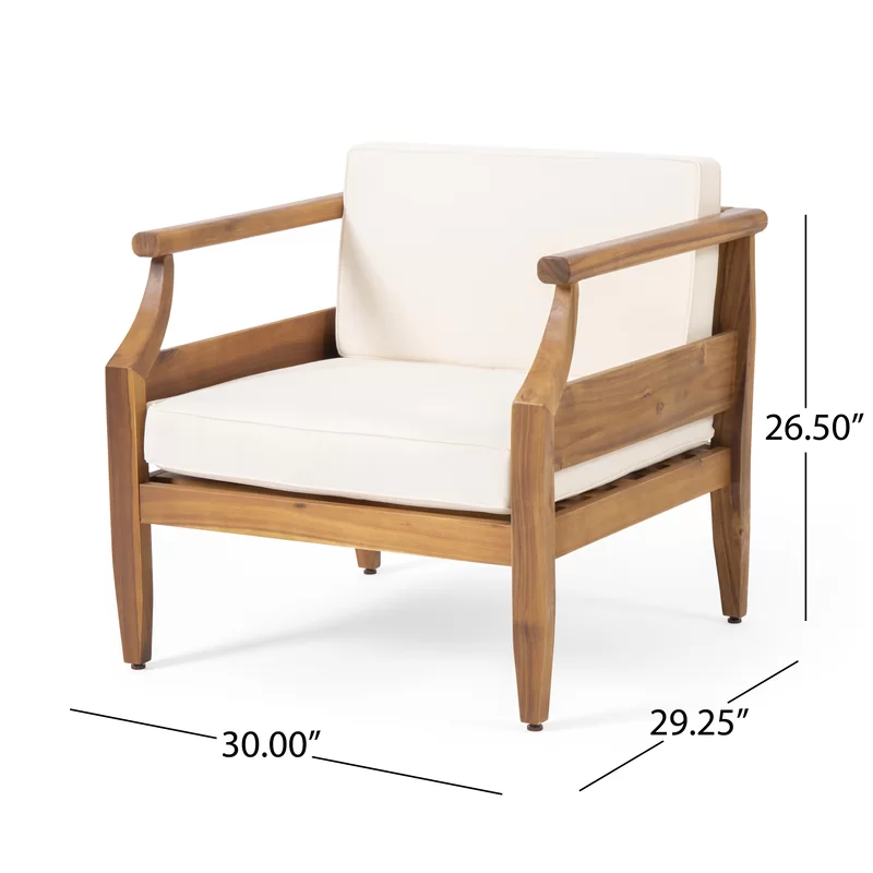 Modern accent chair with natural wood frame and cream cushions ideal for living rooms