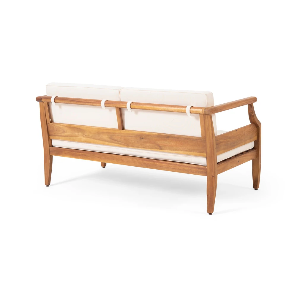 Wooden outdoor sofa with cream cushions and natural wood frame
