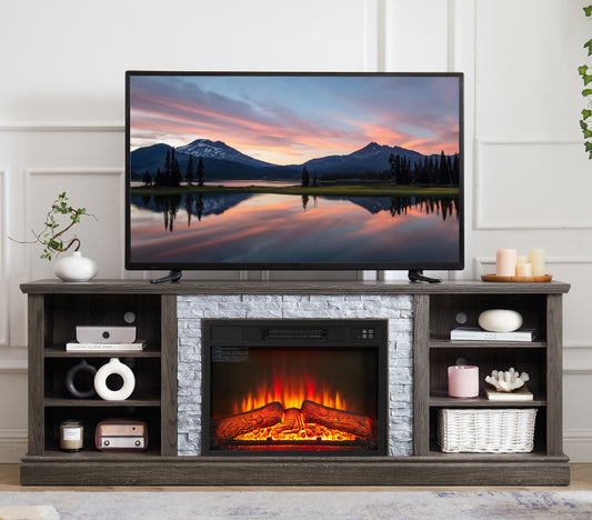 Dark wood media console with electric fireplace and builtin storage shelves