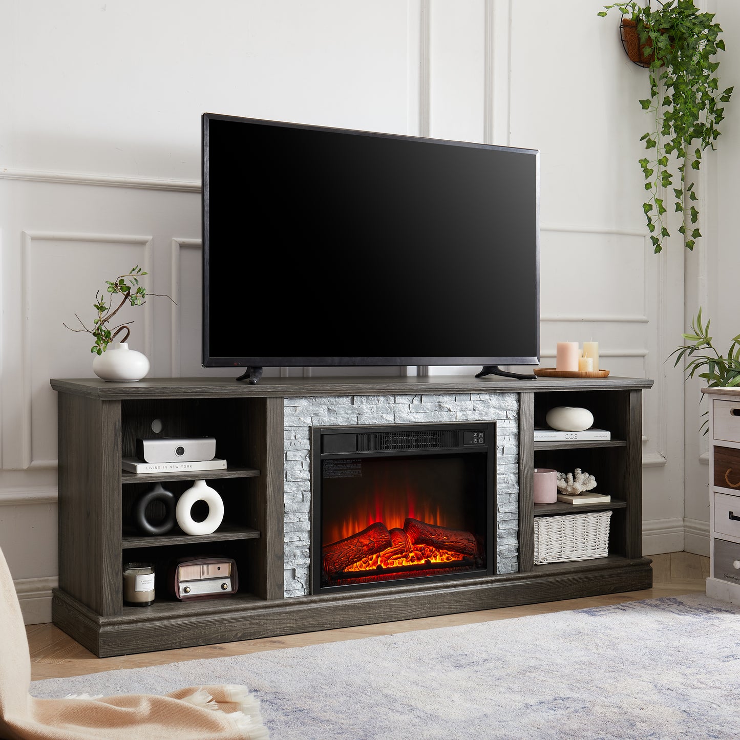 Rustic gray wood TV stand with faux stone electric fireplace for living room