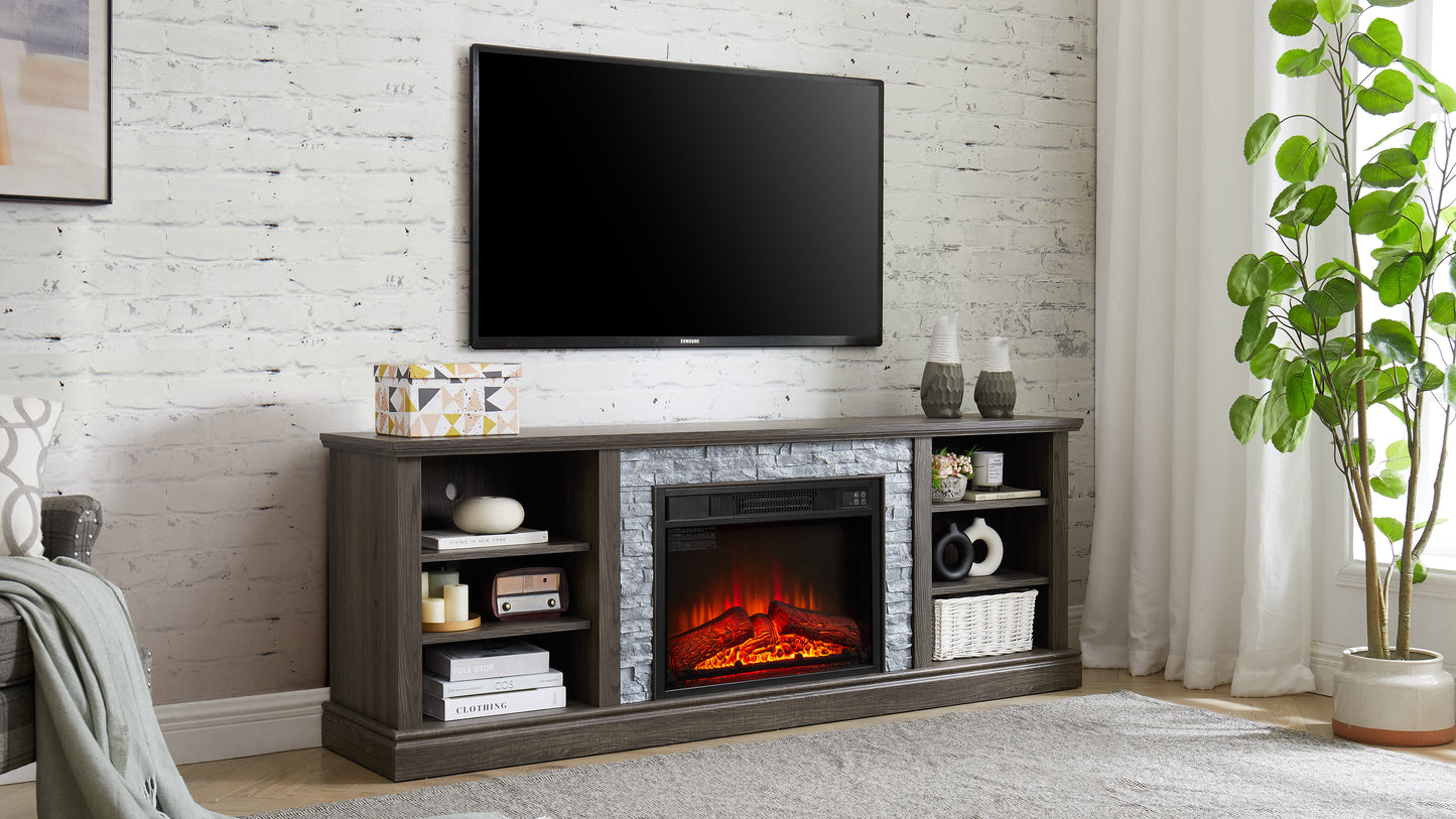 Dark oak electric fireplace media console with realistic flame effect perfect for living rooms
