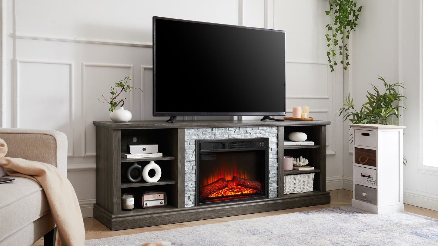 Grey wood electric fireplace TV stand with stone surround and media storage  inch
