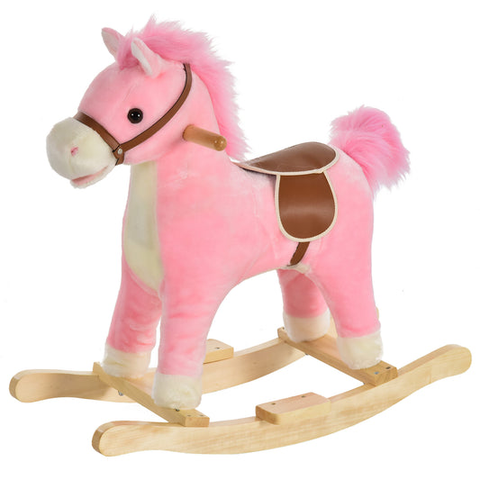 Plush pink rocking horse toy with brown saddle and wooden base for toddler fun