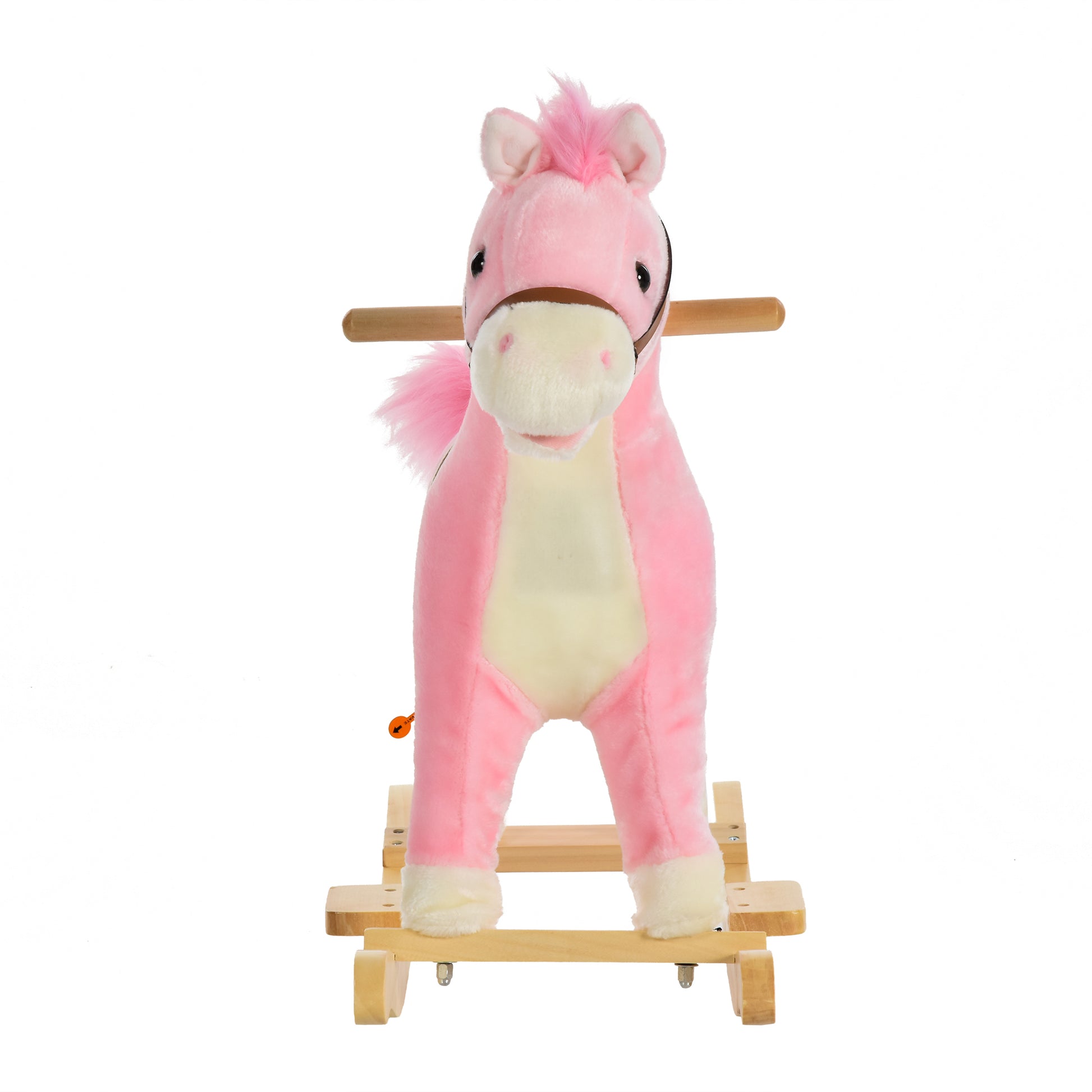 Plush pink rocking horse toy for toddlers with wooden base and handlebars
