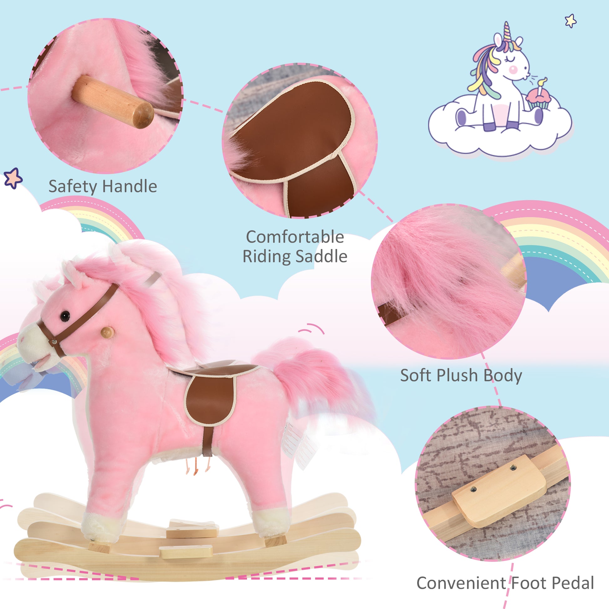 Pink plush rocking horse with wooden handles and comfortable saddle