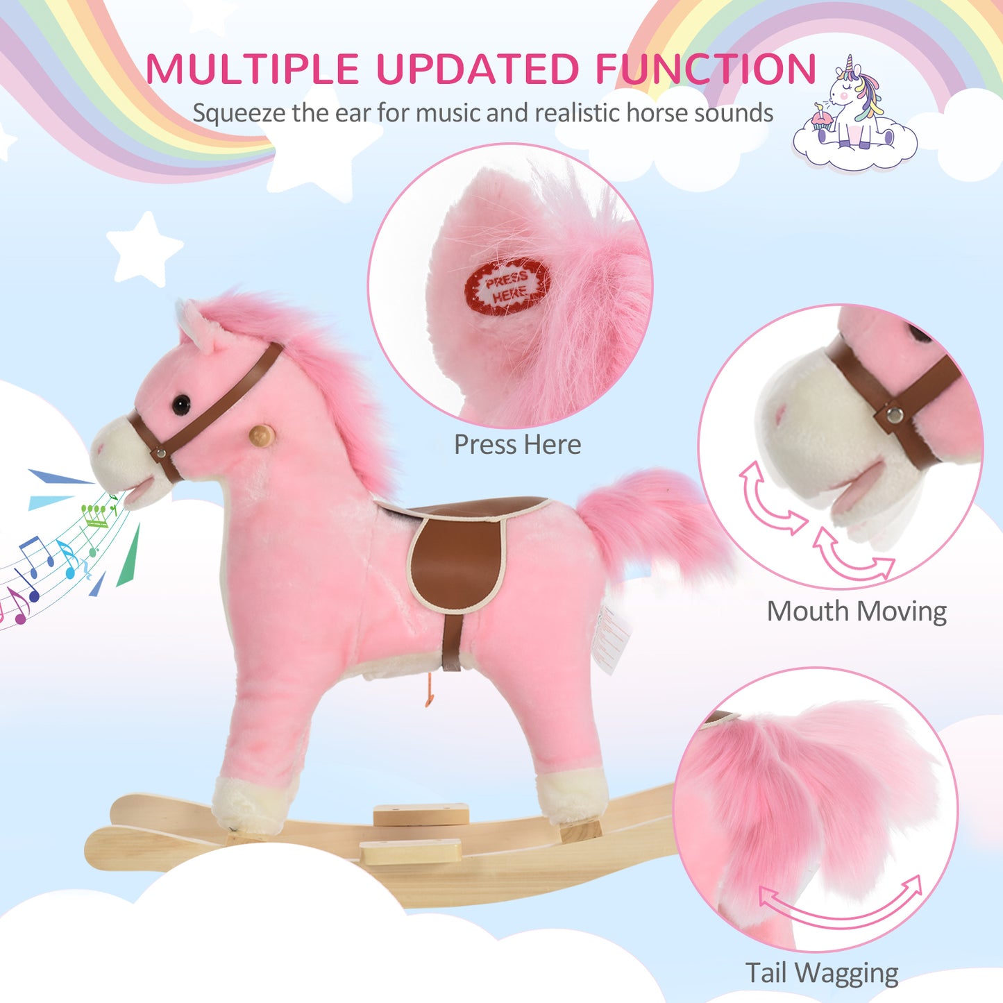 Pink plush rocking horse with brown saddle and mane perfect for toddlers