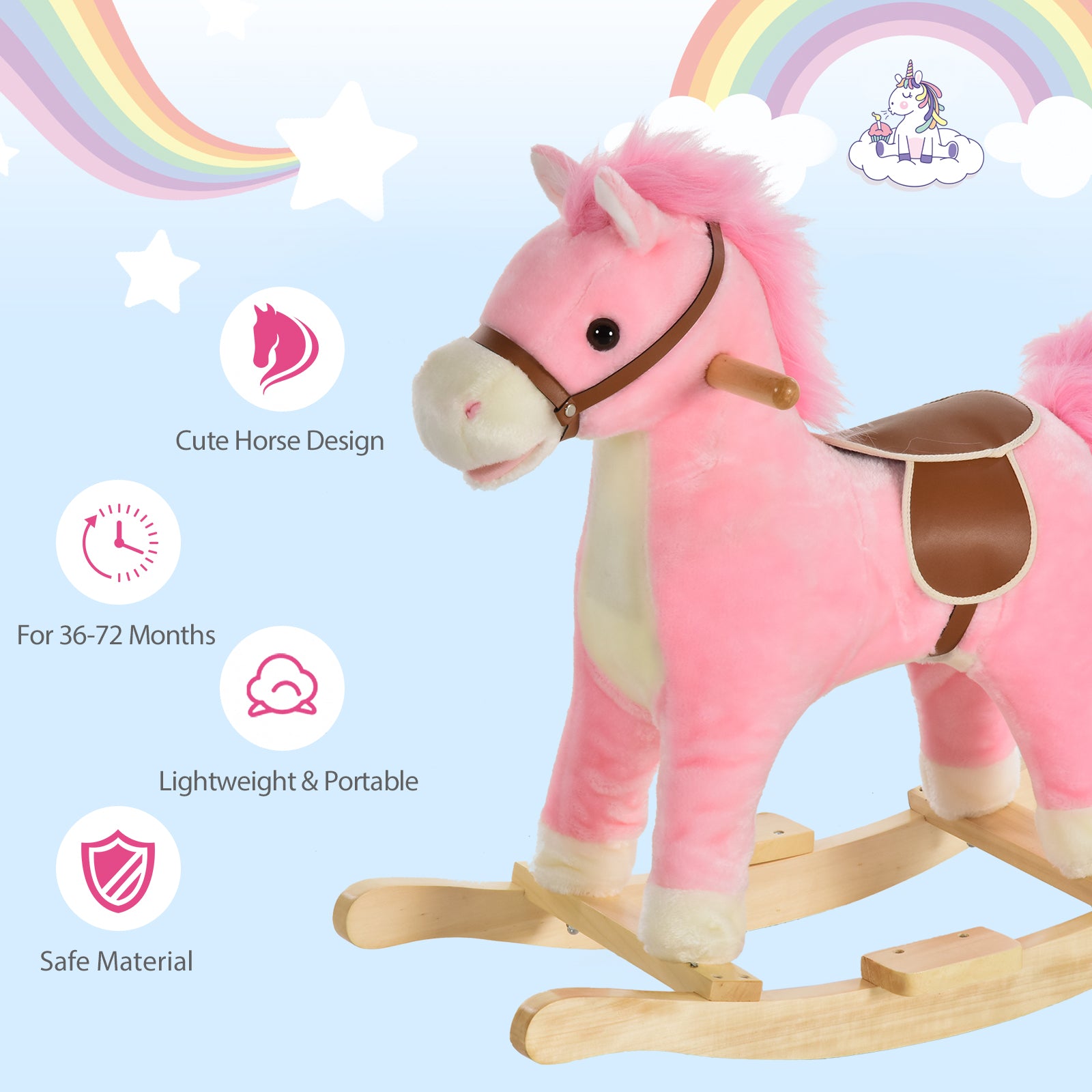 Plush pink rocking horse toy with brown saddle and wooden rockers for toddlers