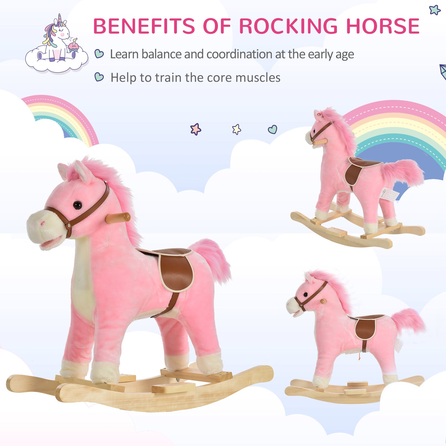 Plush pink rocking horse with a brown saddle and wooden base for toddlers
