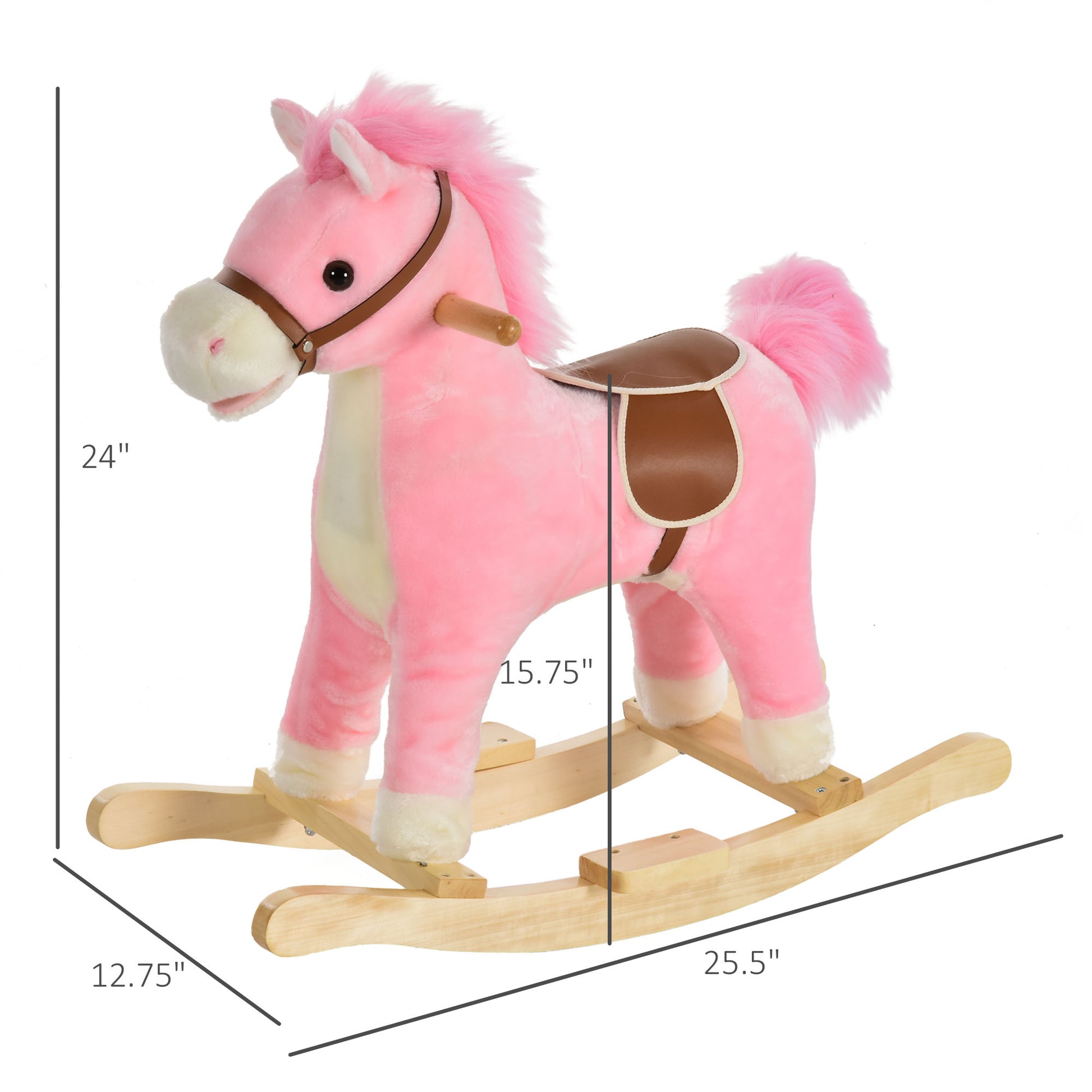 Soft pink plush rocking horse toy with brown saddle and wooden base for toddlers