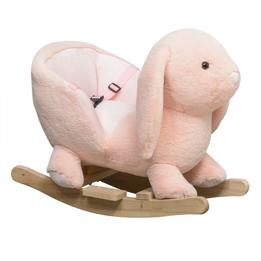 Pink plush bunny rocking horse with wooden base and safety straps for babies