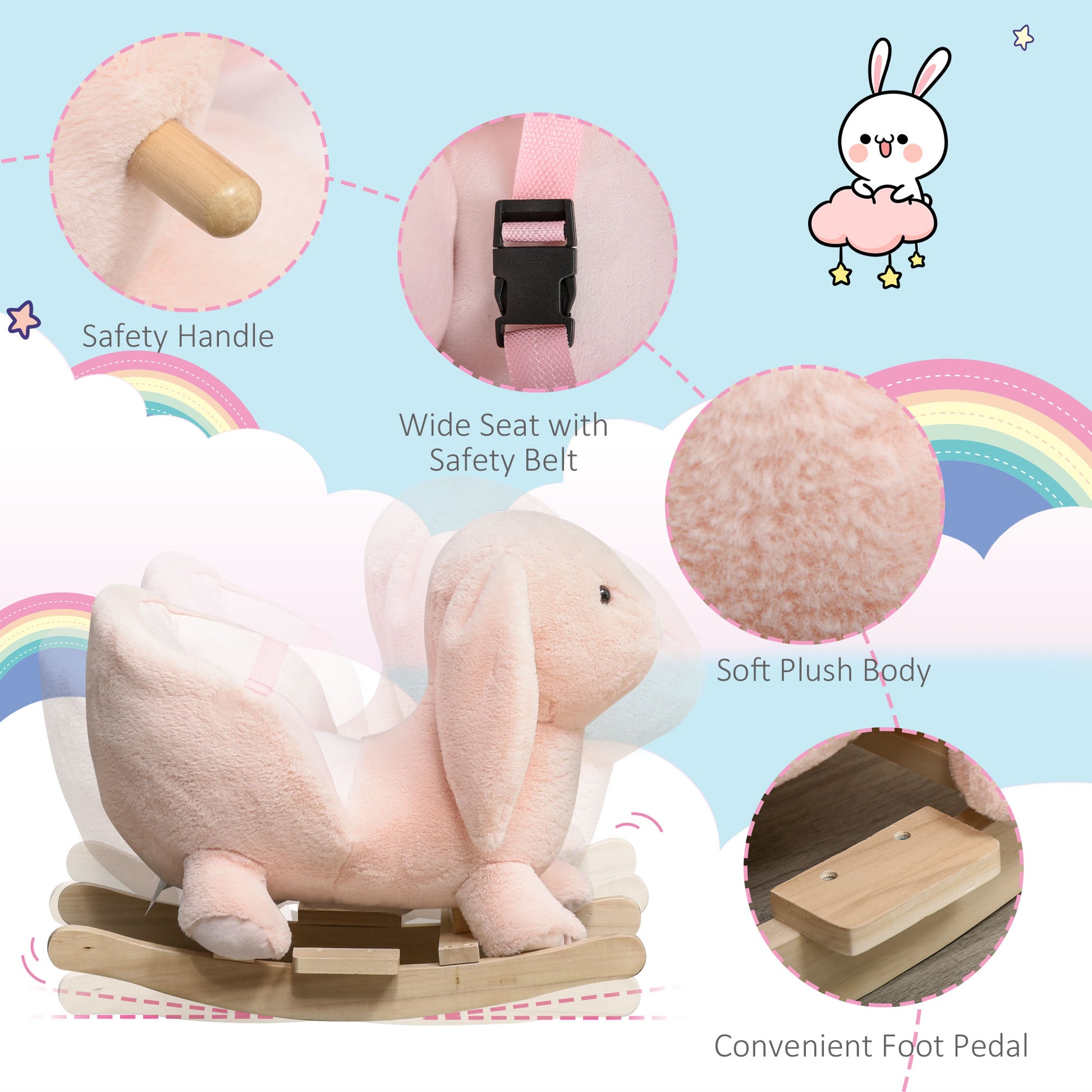 Pink plush bunny rocker with wooden base and safety belt for toddlers