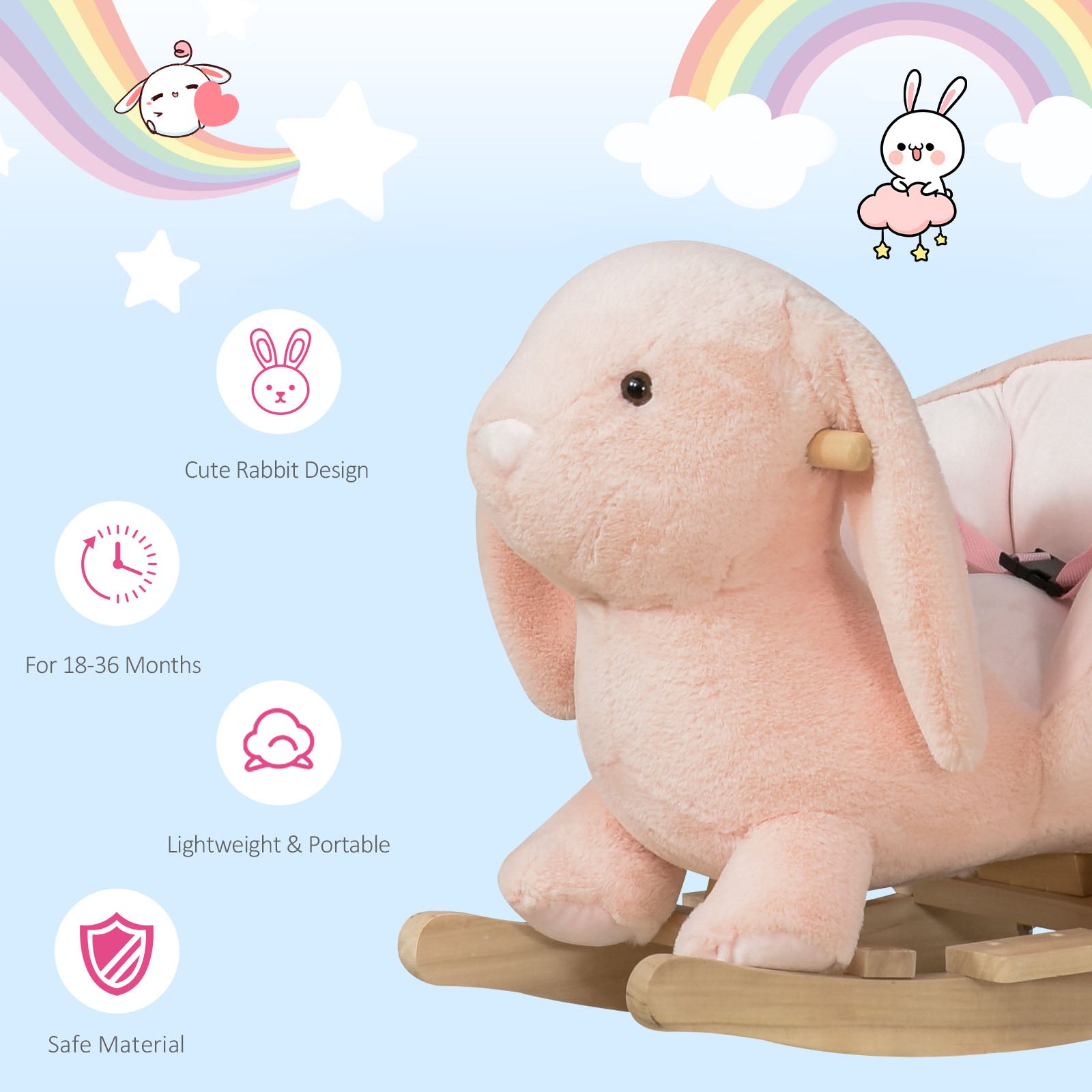 Pink plush rabbit rocker with wooden base perfect for toddlers aged  months