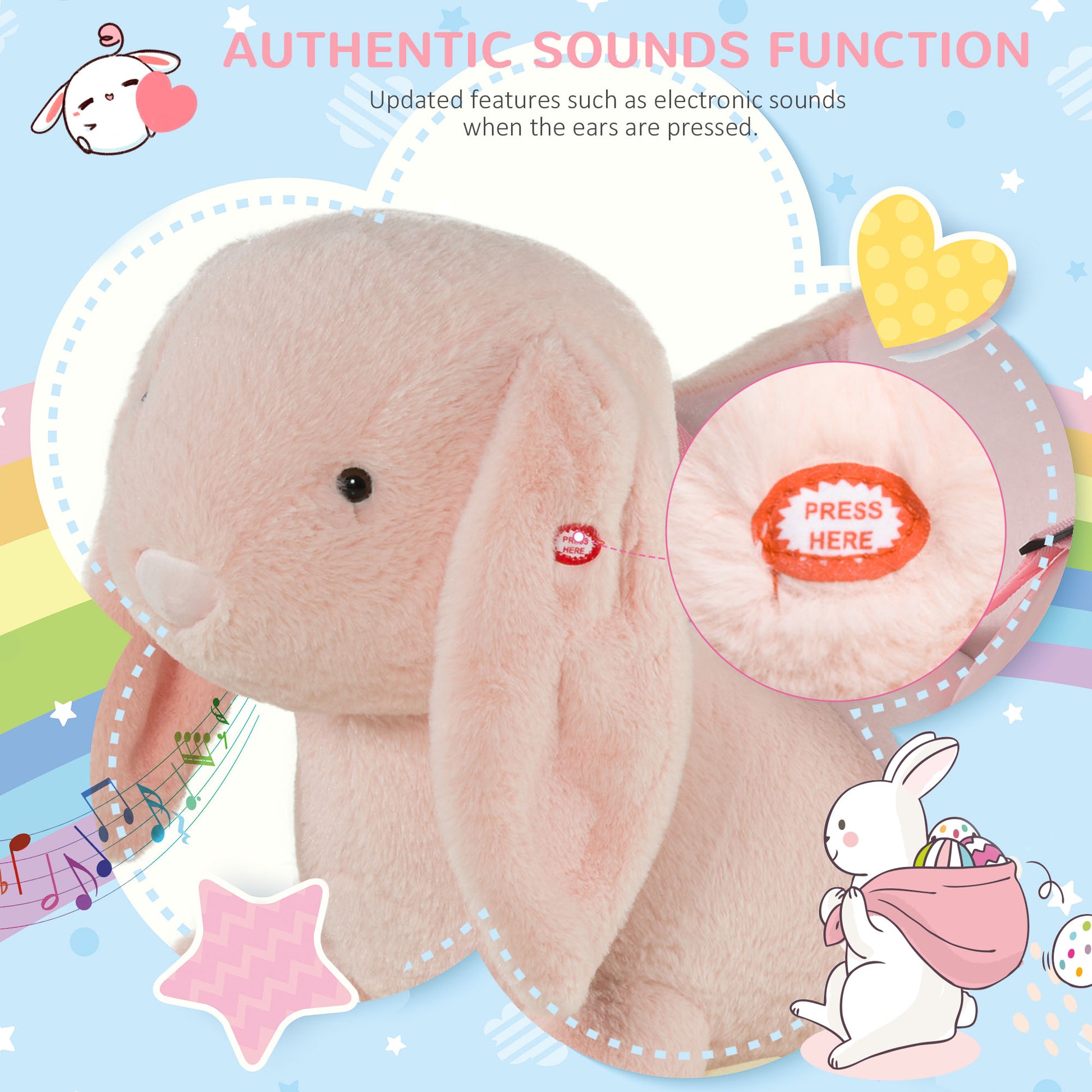 Soft pink plush bunny toy with authentic sound function perfect for children