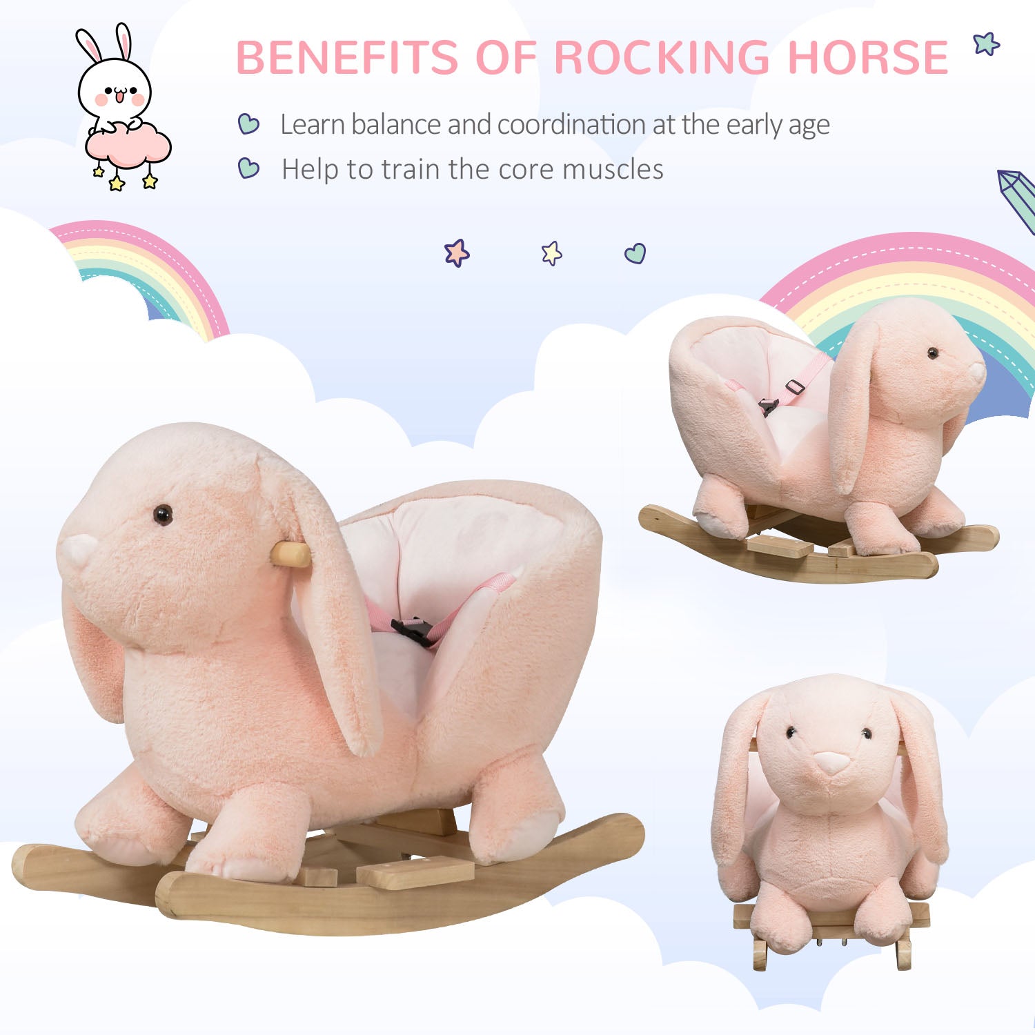 Plush pink bunny rocking horse for toddlers featuring a soft fabric seat and wooden base