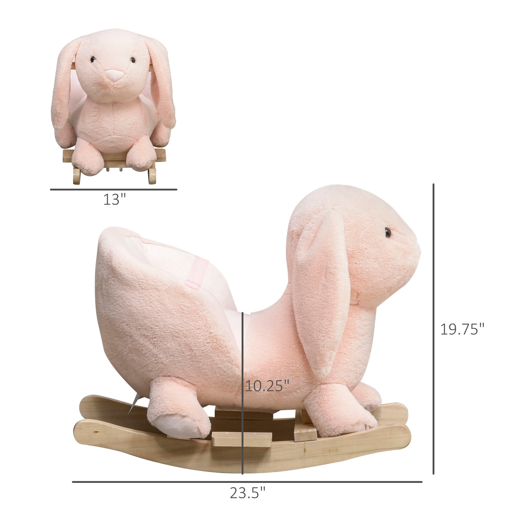 Plush pink bunny rocker for babies with wooden base and side view