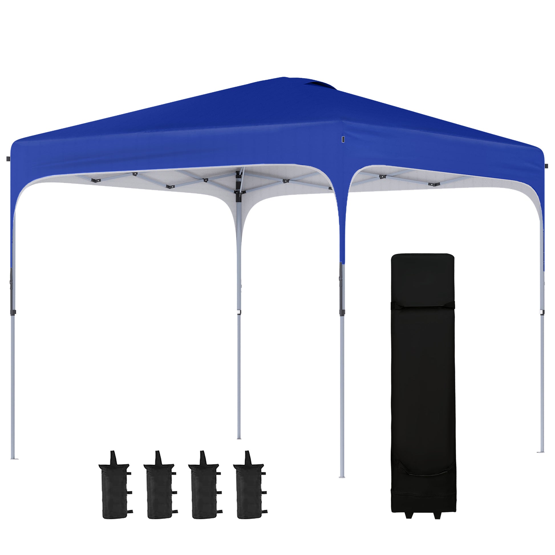 Blue canopy tent with silver frame includes carrying bag and weight bags
