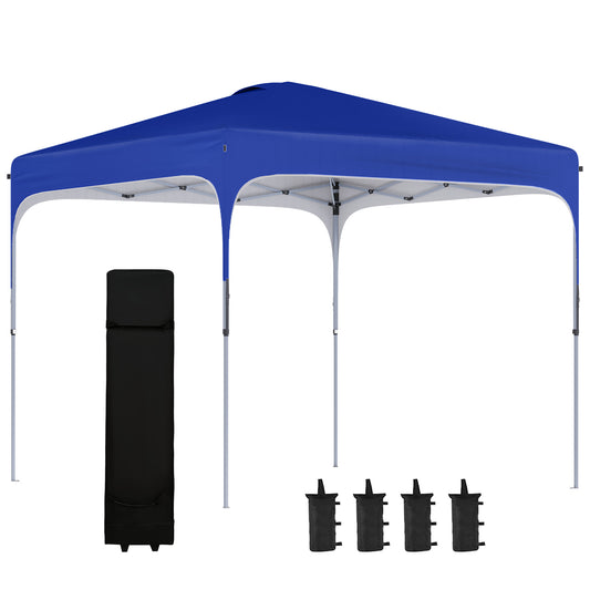 Blue popup canopy tent with frame black roller bag and four sandbags