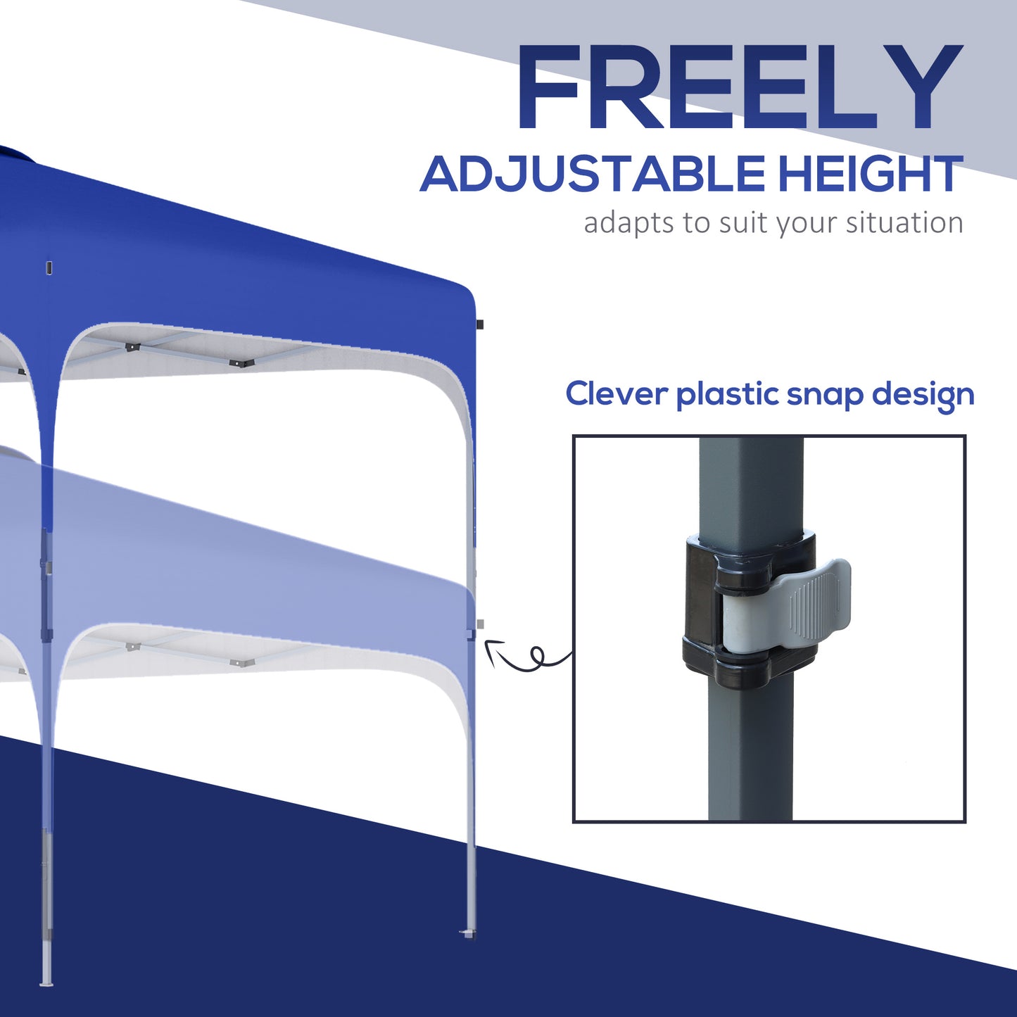 Blue canopy tent with adjustable height feature shown