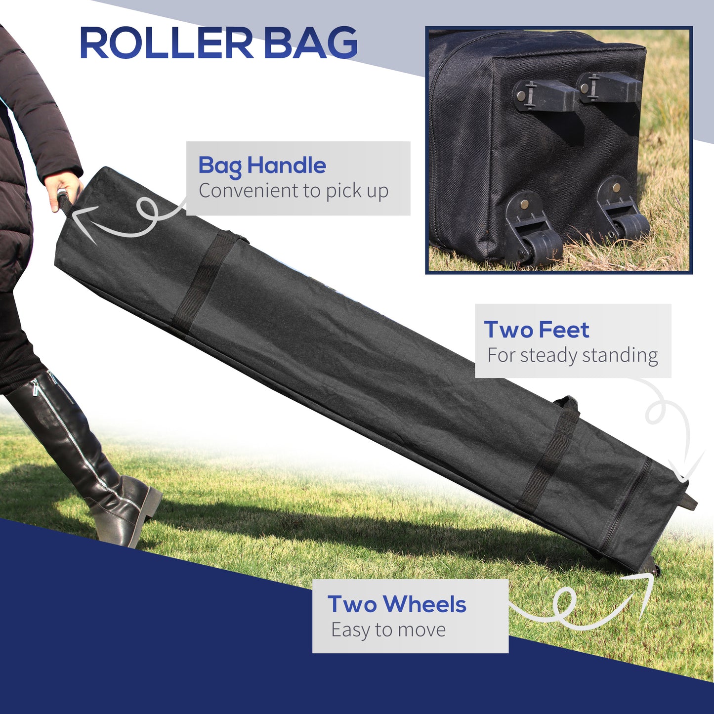 Black roller bag with sturdy wheels and convenient carry handle for easy transport