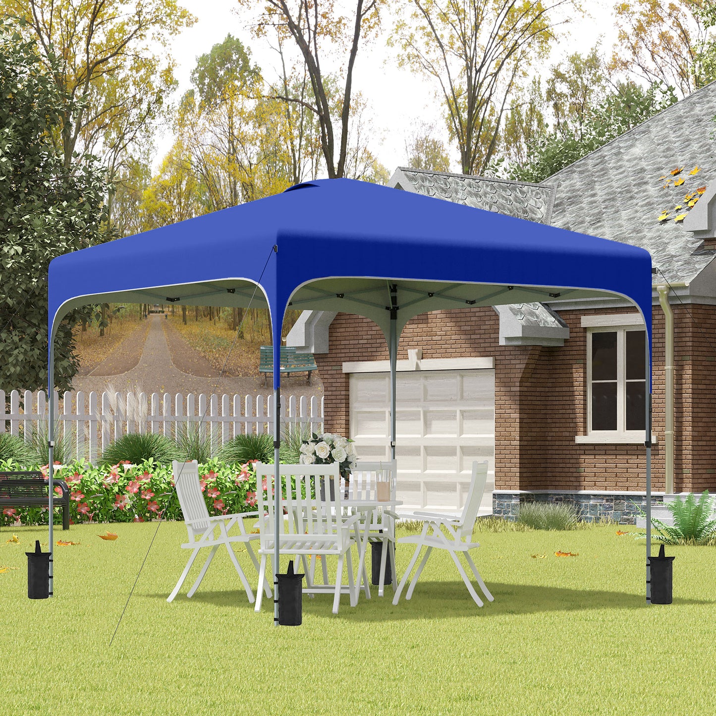 Blue canopy popup tent providing shade over a white patio furniture set outdoors