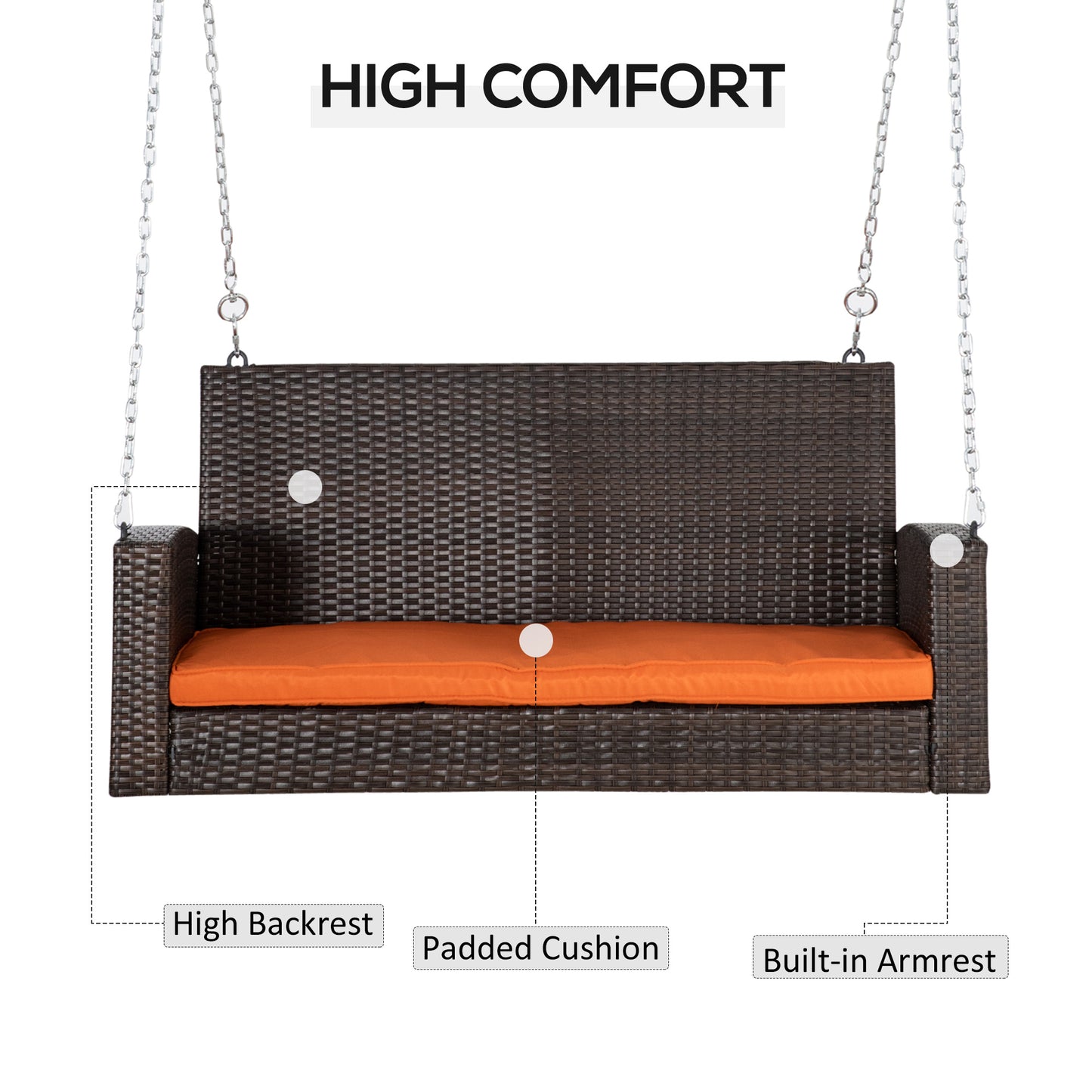 Dark brown wicker swing chair with orange cushion and metal chains