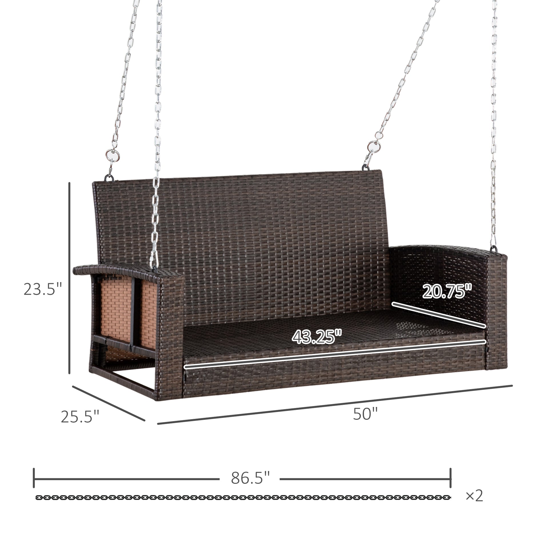 Dark brown wicker porch swing with silver chain suitable for outdoor relaxation