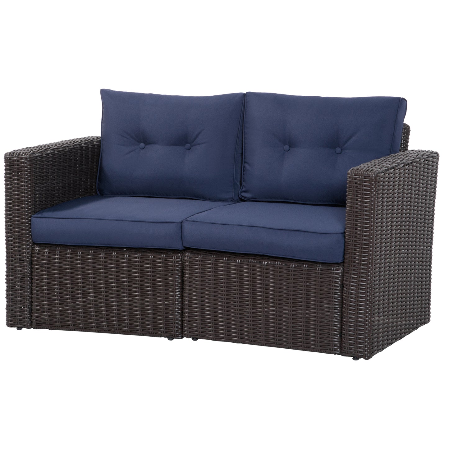 Dark brown wicker loveseat with deep navy blue tufted cushions for outdoor seating