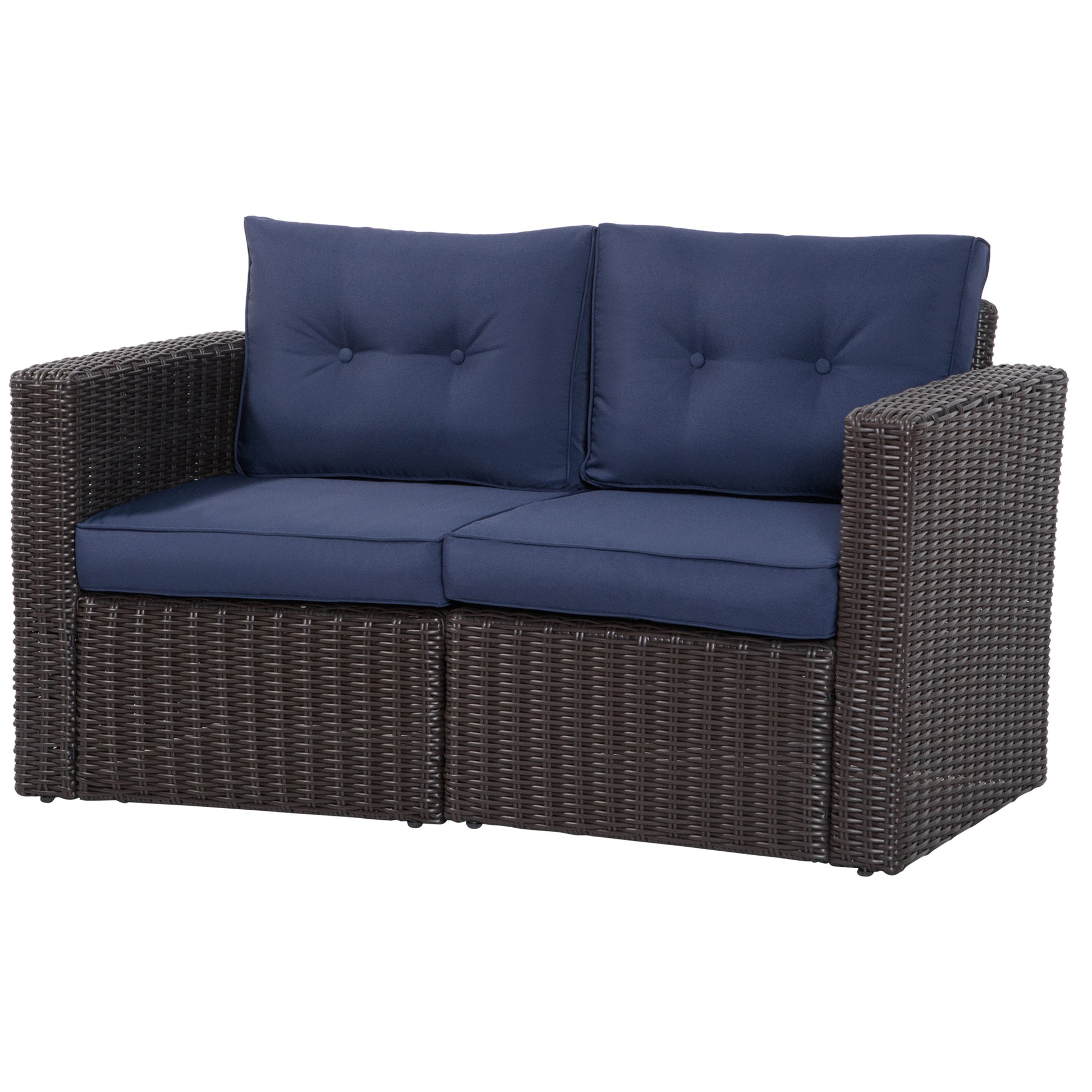 Dark brown wicker loveseat with deep navy blue tufted cushions for outdoor seating